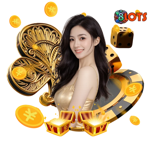 ผู้หญิงชุดสีทอง รายล้อมด้วยเหรียญทอง ไพ่ วงล้อ และลูกเต๋า พร้อมโลโก้ 8LOTS บนพื้นหลังโปร่งใส สื่อถึงเกมสล็อตและคาสิโนออนไลน์